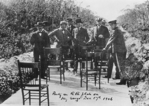 Eight of the 10 dignitaries on the Key Largo to Key West Dec. 17, 1906, inspection trip are pictured. Flagler is in center, wearing a top hat. 